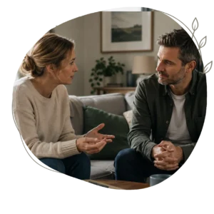 Neurodivergent Couples Counselling 1 Two adults sitting together having a genuine conversation relaxed but thoughtful NEW