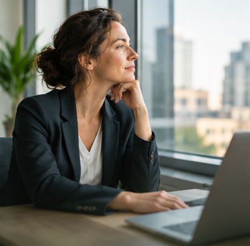 A professional woman reflecting beside an office window, representing career development, leadership and professional confidence.
