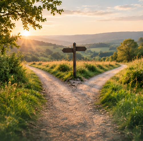 A peaceful countryside path splitting in two through green fields at sunset, symbolising personal growth, confidence and finding direction.