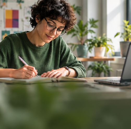 A creative person wearing glasses writing at a desk in a calm, plant-filled workspace, representing individual strengths and neurodiversity.